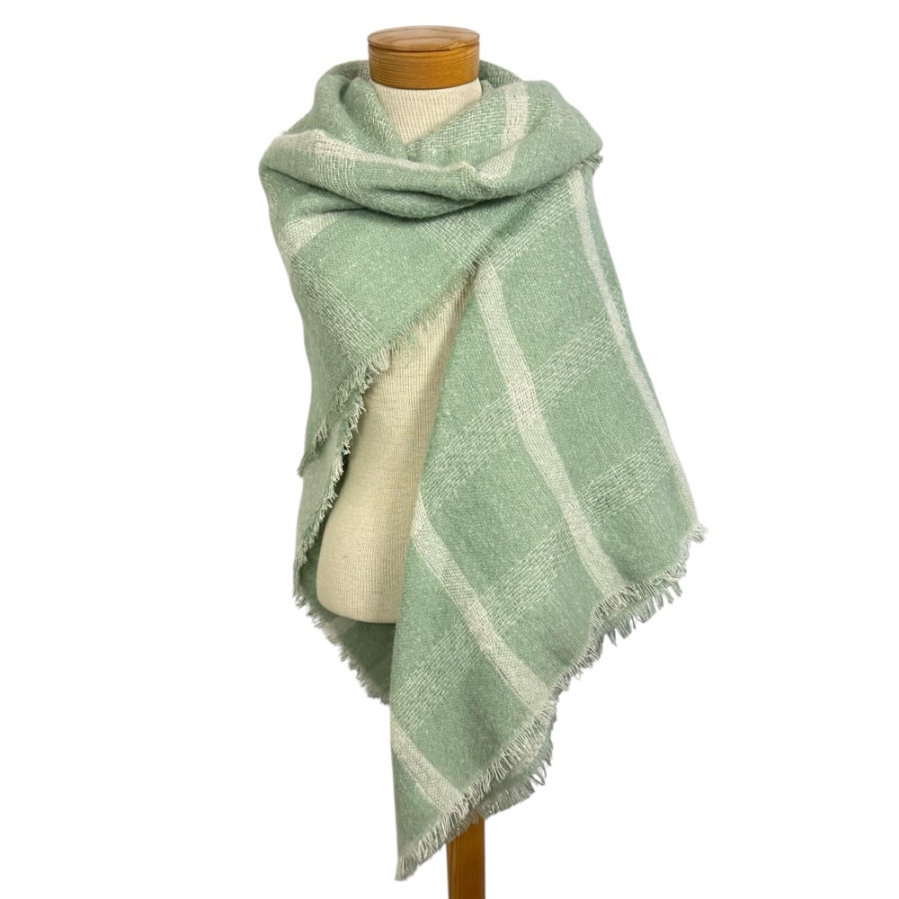 Cozy Mint Green Plaid Blanket Scarf Wrap: 48”x48” stylish winter layering piece